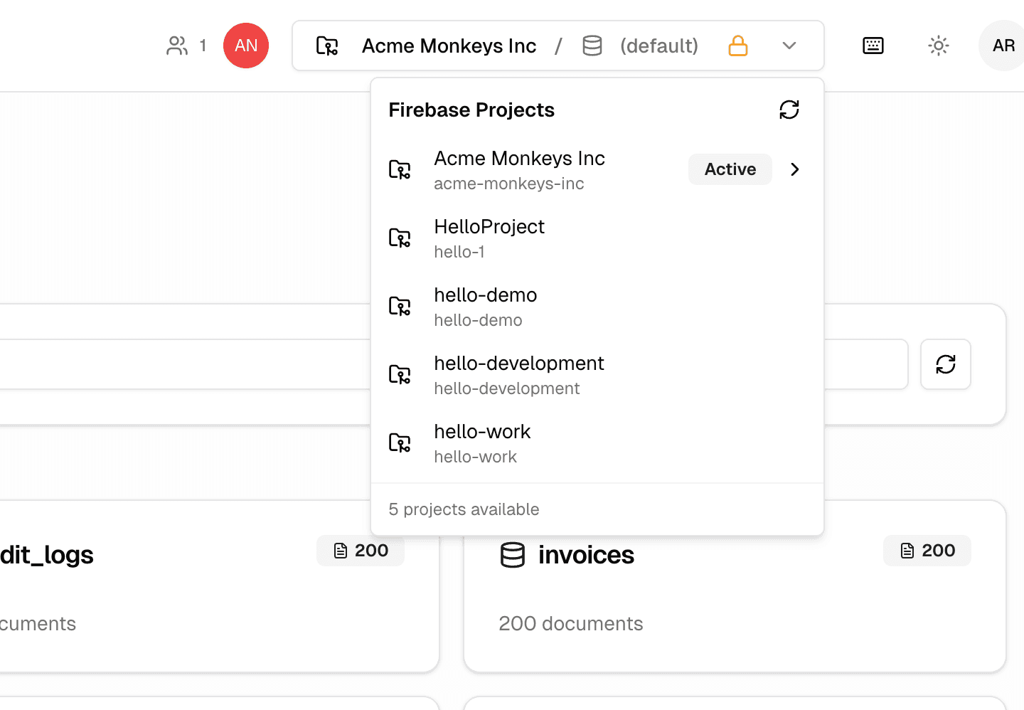 Multi-database selector showing multiple Firestore instances